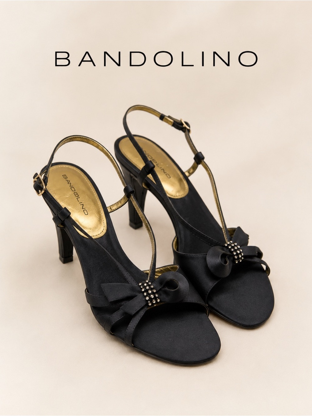 Bandolino Satin Slingback Bow Sandal Heels with Rhinestone Accent